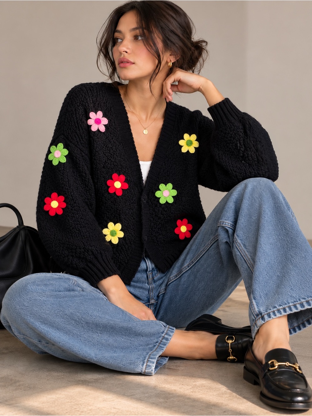Hand Knit Floral Appliqué Cardigan Black Ramie Cotton Size L Bronte